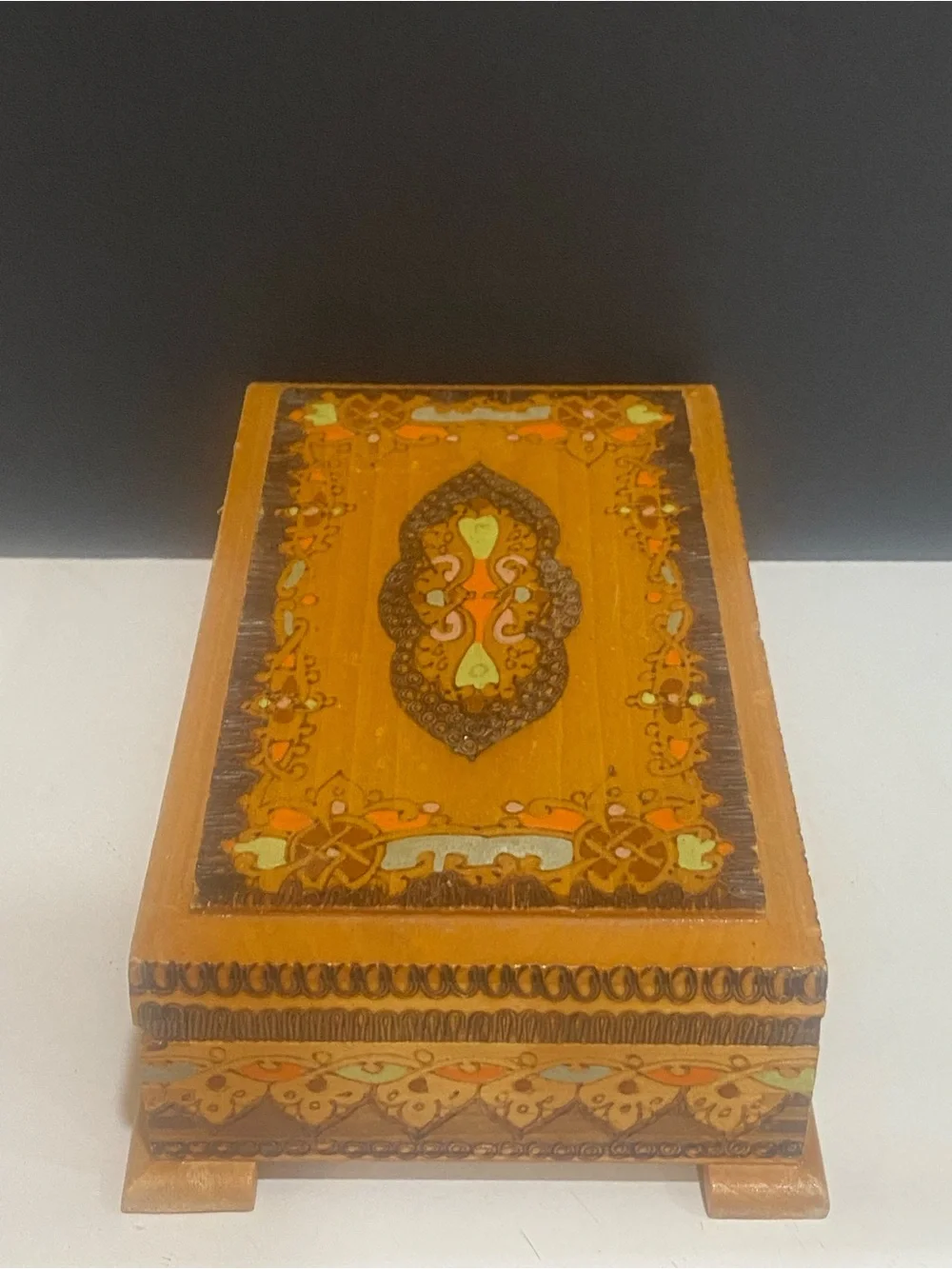 Vintage Bulgarian folk art pyrography wooden box